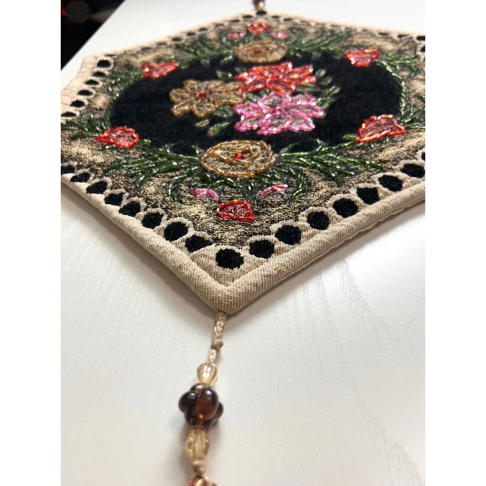 Vintage Hexagonal Velvet Floral Beaded Table Dresser Runner Tassel Accent